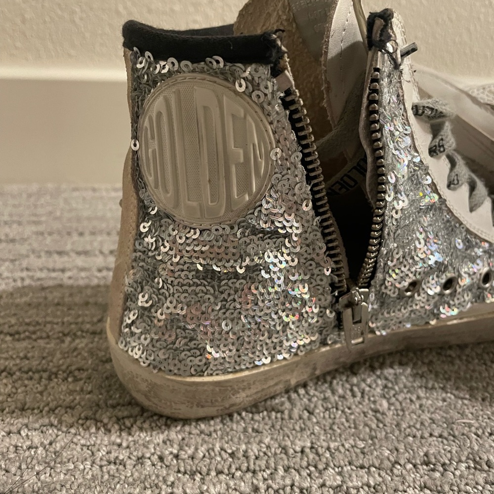 Golden Goose Silver Sequin High-Top Sneakers with Black Star - Picture 4 of 7